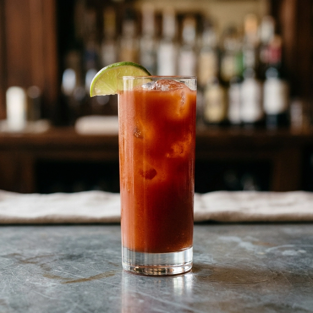 Vampiro med tequila, tomatjuice, apelsinjuice, limejuice, grenadin, worcestershiresås, chillisås & salt