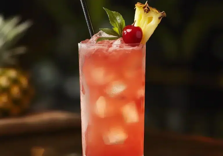 Singapore Sling med gin, Benedictine, Cherry Heering, Grand Marnier, ananas, lime, bitter & soda